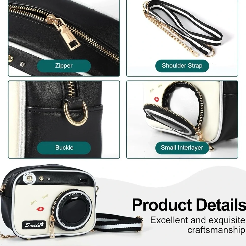 NWOT Stylish Black and White Camera Crossbody Bag